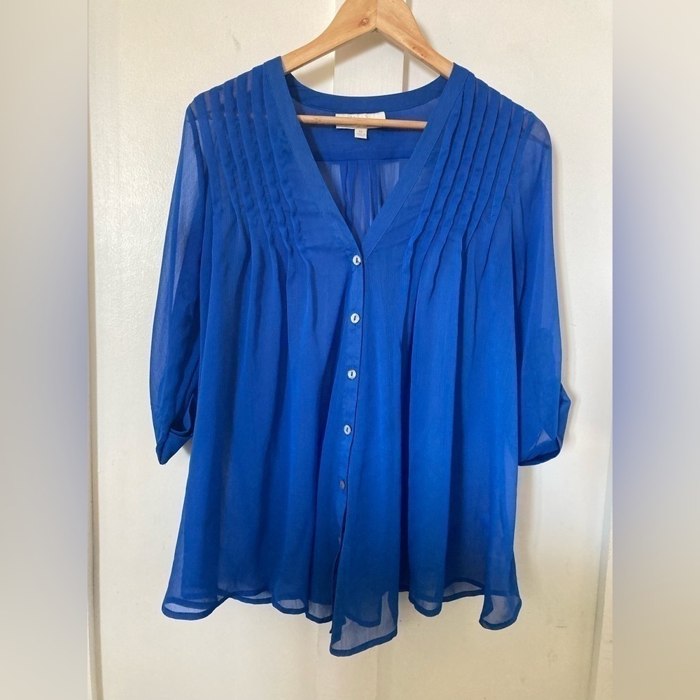 OLIVE & Oak sheer blue button down blouse roll tab sleeves pleated detail